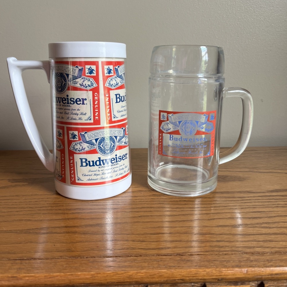 Lot of 2 Vintage Budweiser Mugs - Thermo-Serv and Glass‎ with Budweiser Logo